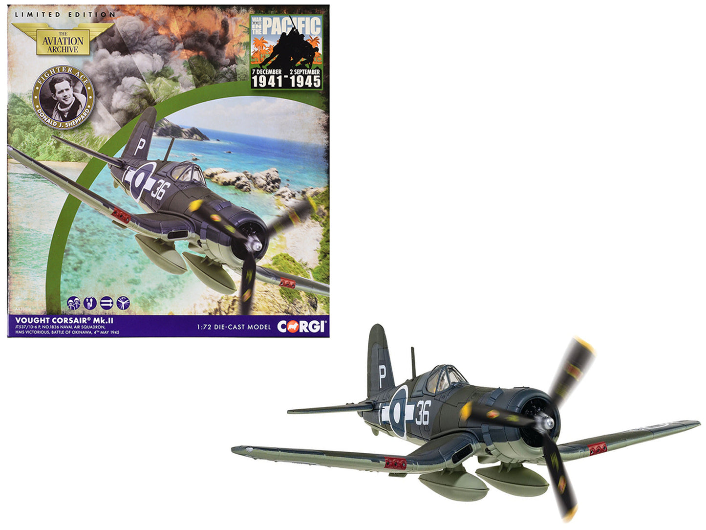 Vought Corsair Mk. II Fighter Aircraft "JT537 1836 Naval Air Squadron HMS Victorious Battle of Okinawa" (1945) British Royal Navy Fleet Air Arm "The Aviation Archive" Series 1/72 Diecast Model by Corgi  free shipping USA