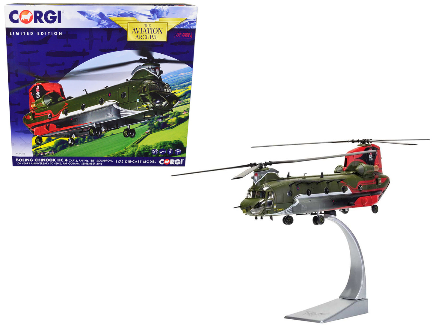 Boeing Chinook HC.4 Helicopter "ZA712 RAF No.18 (B) Squadron 100 Years Anniversary Scheme RAF Odiham" (September 2016) Royal Air Force "The Aviation Archive" Series 1/72 Diecast Model by Corgi  free shipping USA