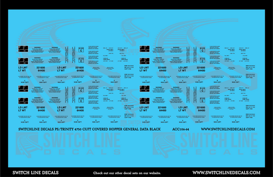 S Scale PS/Trinity 4750 CuFt Covered Hopper Black General Data Decal Set