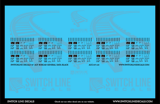 N Scale 50' ACF Boxcar Black General Data Decal Set