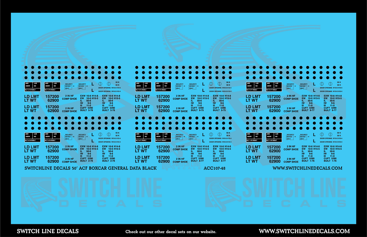 O Scale 50' ACF Boxcar Black General Data Decal Set