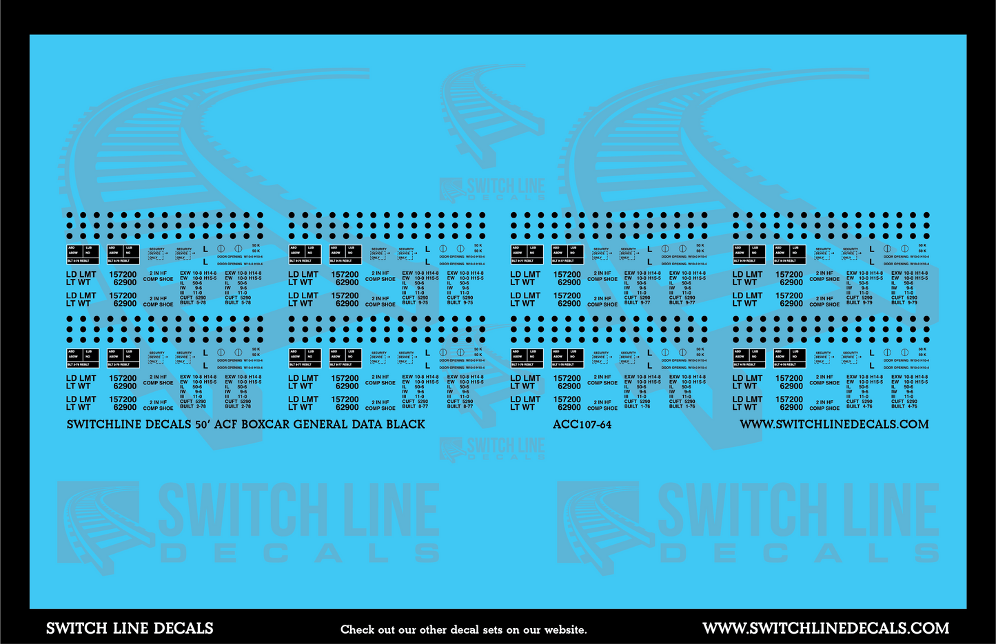 S Scale 50' ACF Boxcar Black General Data Decal Set