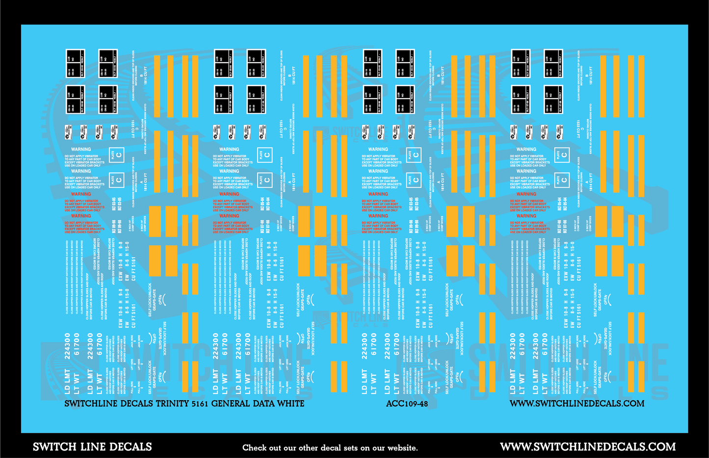 O Scale Trinity 5161 CuFt Covered Hopper White General Data Decal Set