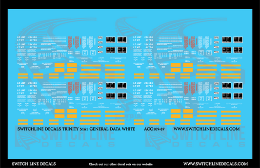 HO Scale Trinity 5161 CuFt Covered Hopper White General Data Decal Set
