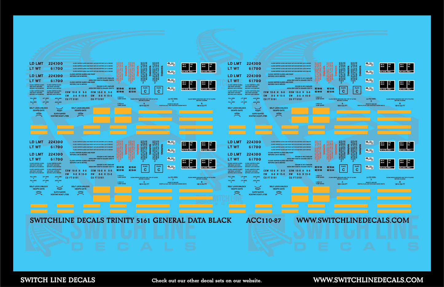 HO Scale Trinity 5161 CuFt Covered Hopper Black General Data Decal Set