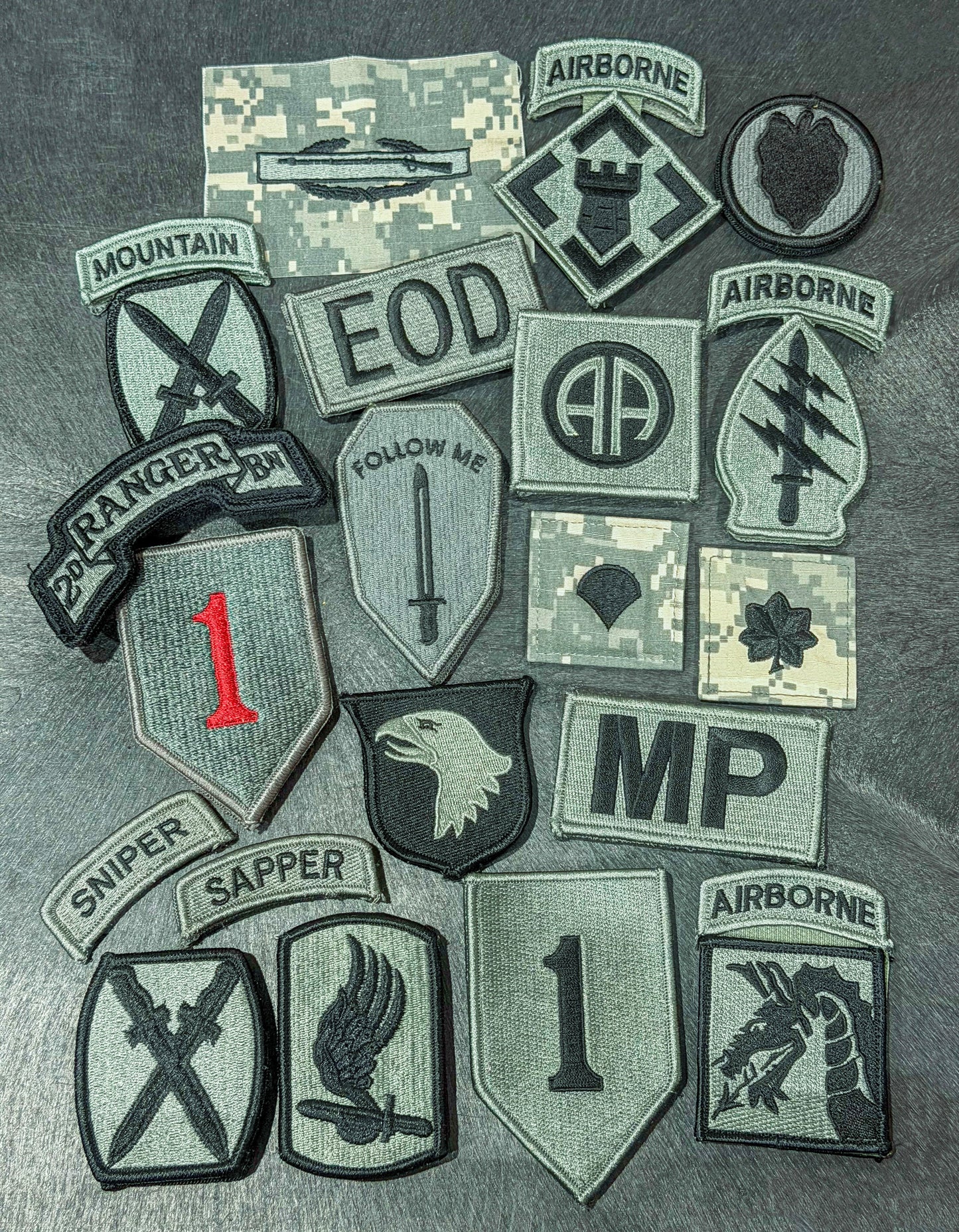 Assorted ACU Patches, Scrolls, Tabs, Ranks, and Badges