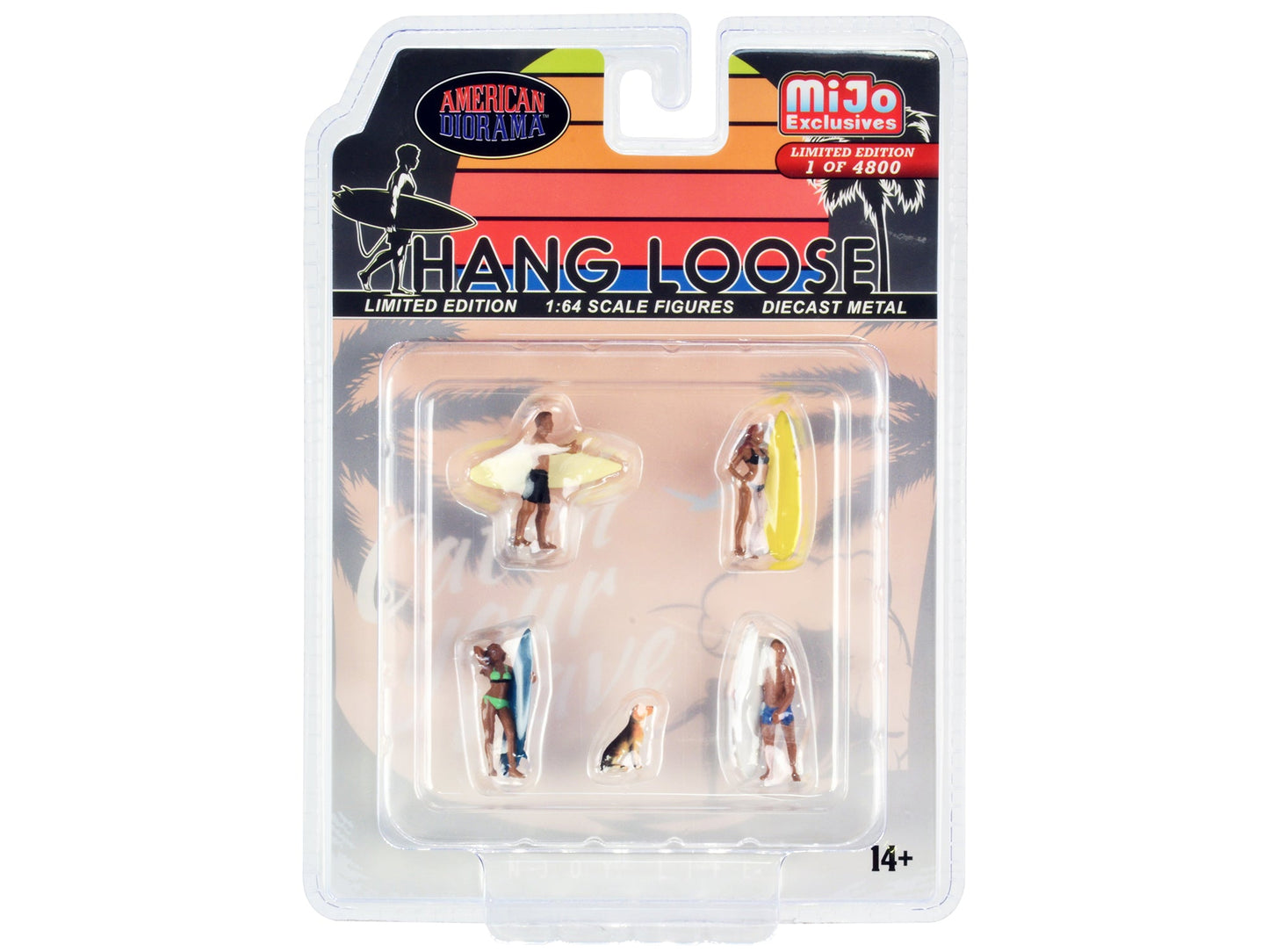 "Hang Loose" 5 piece Diecast Set (4 Surfer Figures and 1 Dog) Limited Edition to 4800 pieces Worldwide for 1/64 Scale Models by American Diorama  free shipping USA