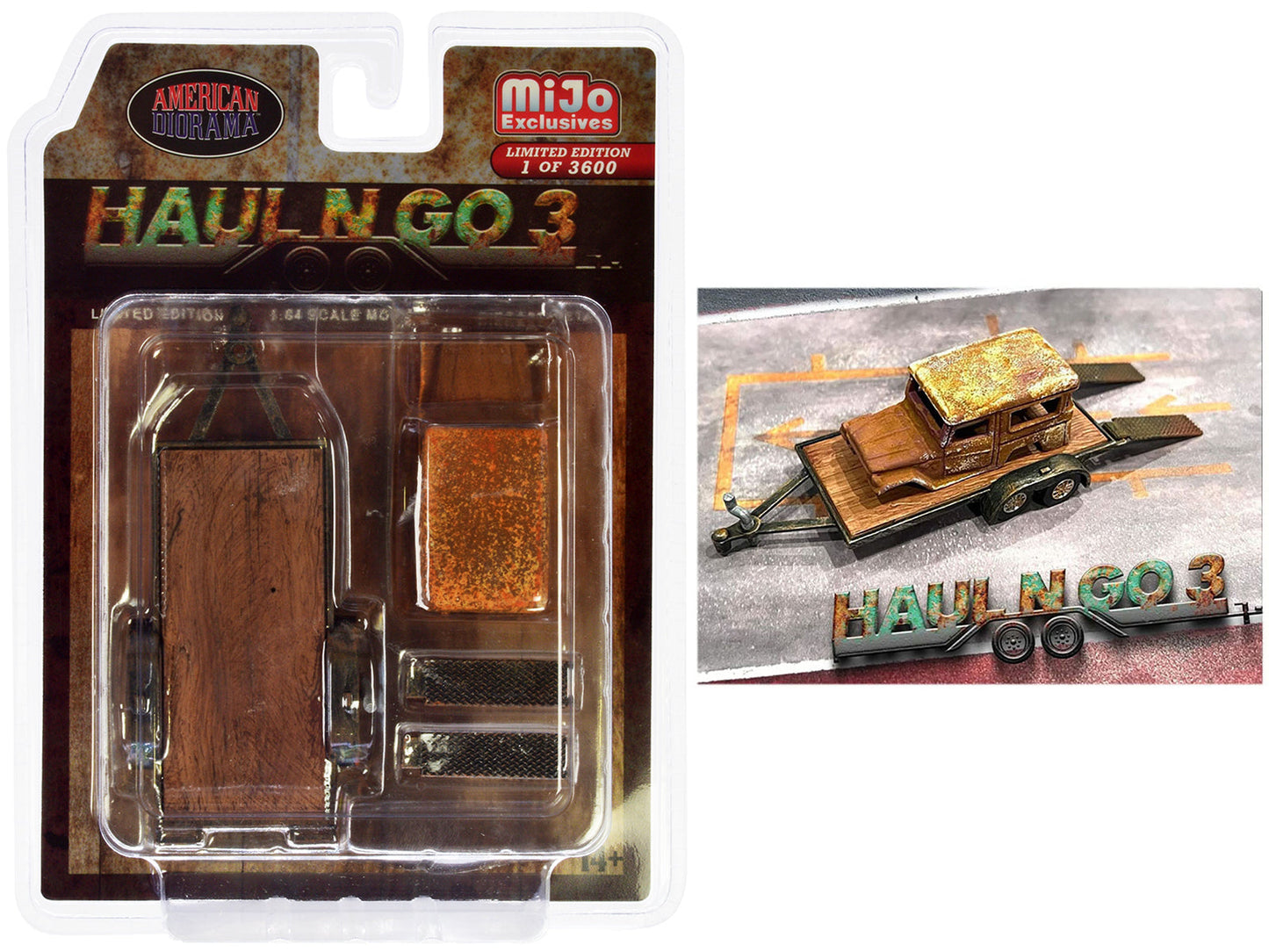 "Haul N Go 3" 4 piece Diecast Model Set (1 Flatbed Trailer 1 Abandoned Car 2 Ramps) Limited Edition to 3600 pieces Worldwide for 1/64 scale models by American Diorama  free shipping USA