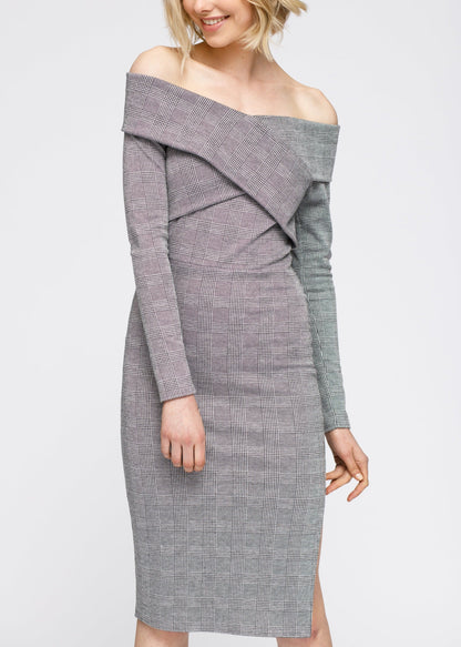 Women's Glen Plaid Off Shoulder Crisscross Dress In Grey Black by Shop at Konus