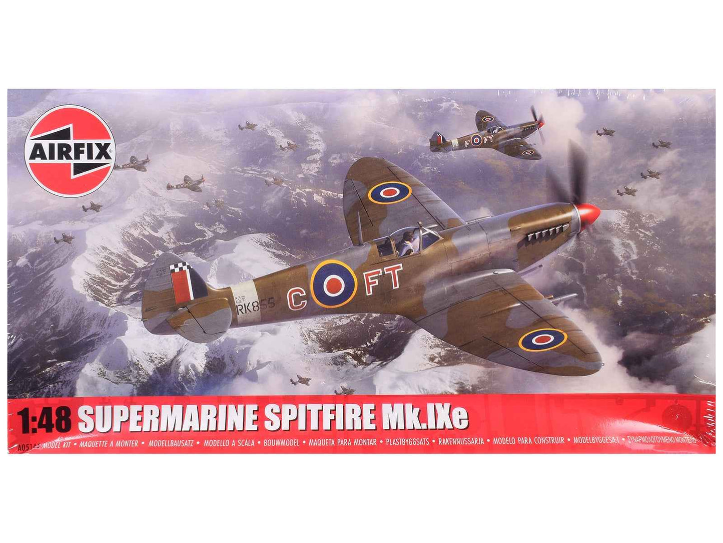 Level 2 Model Kit Supermarine Spitfire Mk.IXe Fighter Aircraft with 3 Scheme Options 1/48 Plastic Model Kit by Airfix