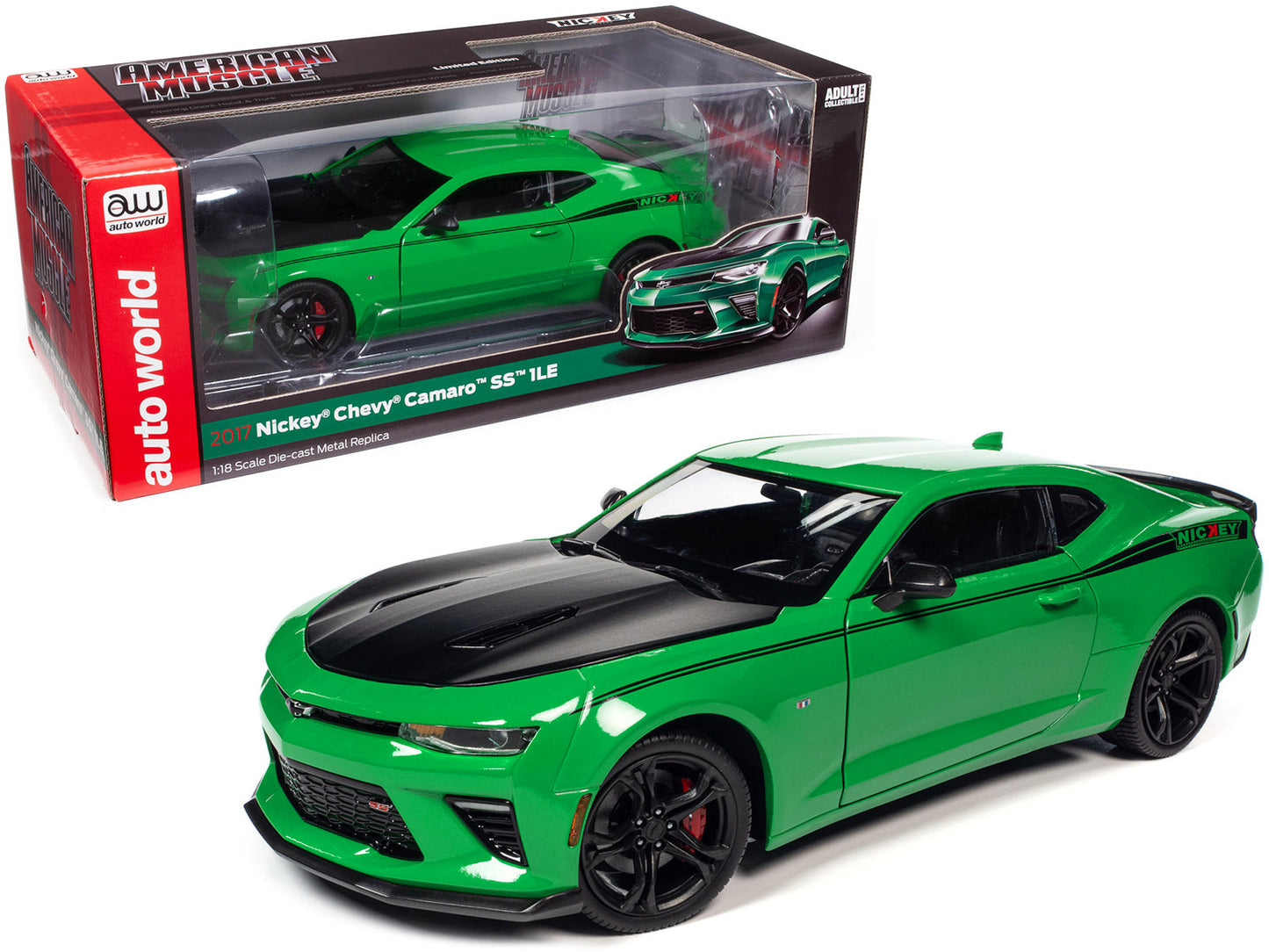 2017 Chevrolet Nickey Camaro SS 1LE Krypton Green with Matt Black Hood and Black Stripes 1/18 Diecast Model Car by Auto World  free shipping USA