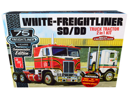 Skill 3 Model Kit White Freightliner SD/DD Truck Tractor 2-in-1 Kit with Display Base "75th Freightliner Anniversary" Commemorative Edition 1/25 Scale Model by AMT  free shipping USA