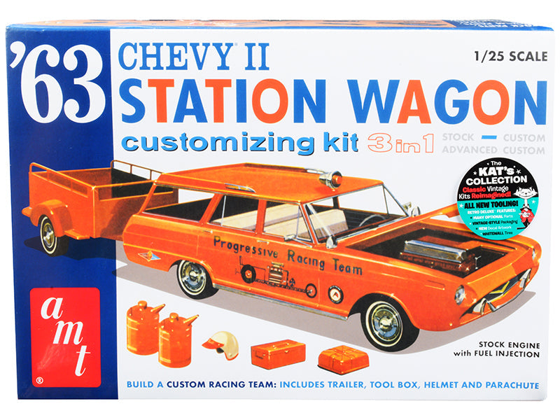 Skill 2 Model Kit 1963 Chevrolet II Station Wagon with Trailer 3-in-1 Kit 1/25 Scale Model by AMT  free shipping USA