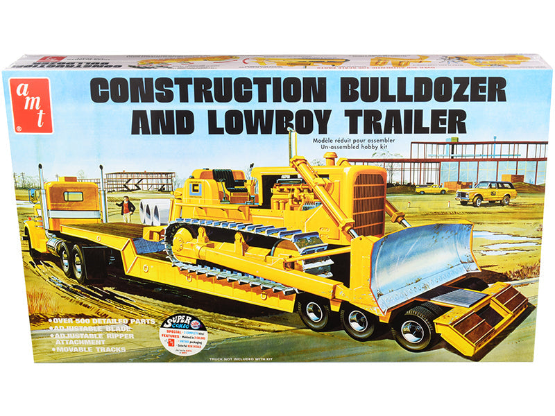 Skill 3 Model Kit Construction Bulldozer and Lowboy Trailer Set of 2 pieces 1/25 Scale Model by AMT  free shipping USA