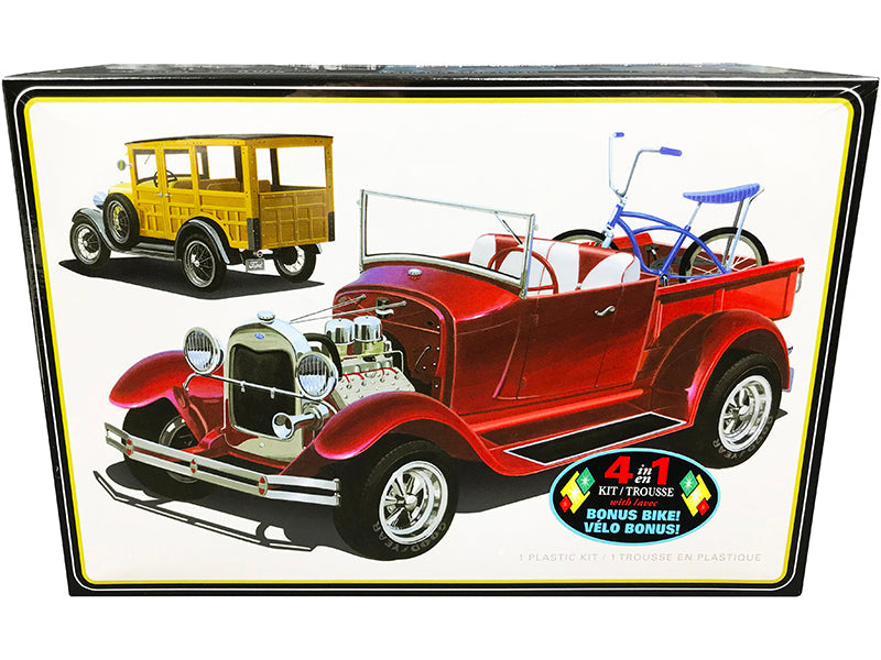 Skill 2 Model Kit 1929 Ford Woody Pickup 4-in-1 Kit with Bike 1/25 Scale Model by AMT  free shipping USA