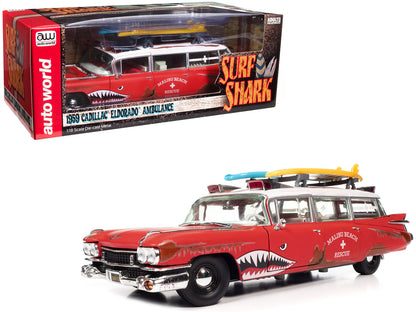 1959 Cadillac Eldorado Ambulance Red with White Top "Malibu Beach Rescue" (Weathered) with Surfboards on Roof "Surf Shark" 1/18 Diecast Model Car by Auto World  free shipping USA