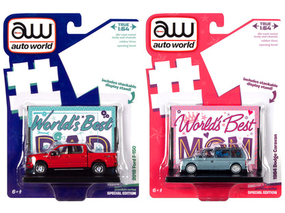 2018 Ford F-150 Pickup Truck Red and 1984 Dodge Caravan Minivan Blue Metallic "World's Best Mom and Dad" Set of 2 Pieces 1/64 Diecast Model Cars by Auto World  free shipping USA