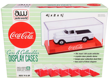 6 Collectible Acrylic Display Show Cases with Red Plastic Bases with 3 Different Slogans "Coca-Cola" for 1/64 Scale Model Cars by Auto World  free shipping USA