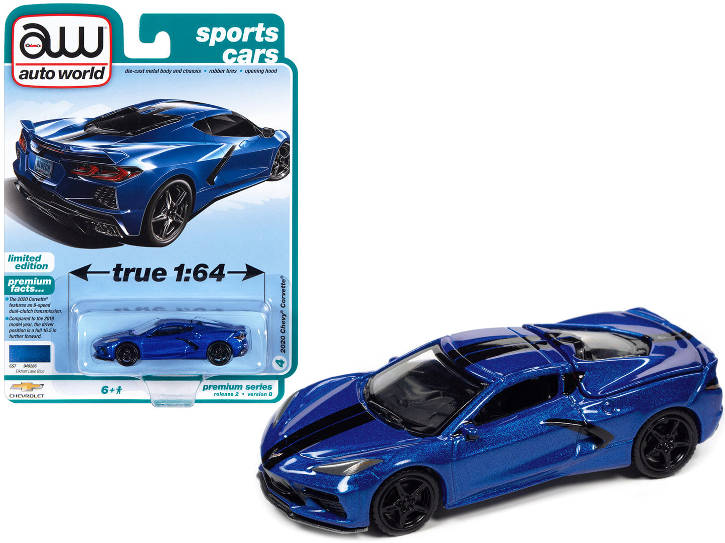 2020 Chevrolet Corvette Elkhart Lake Blue Metallic "Sports Cars" Limited Edition 1/64 Diecast Model Car by Auto World  free shipping USA