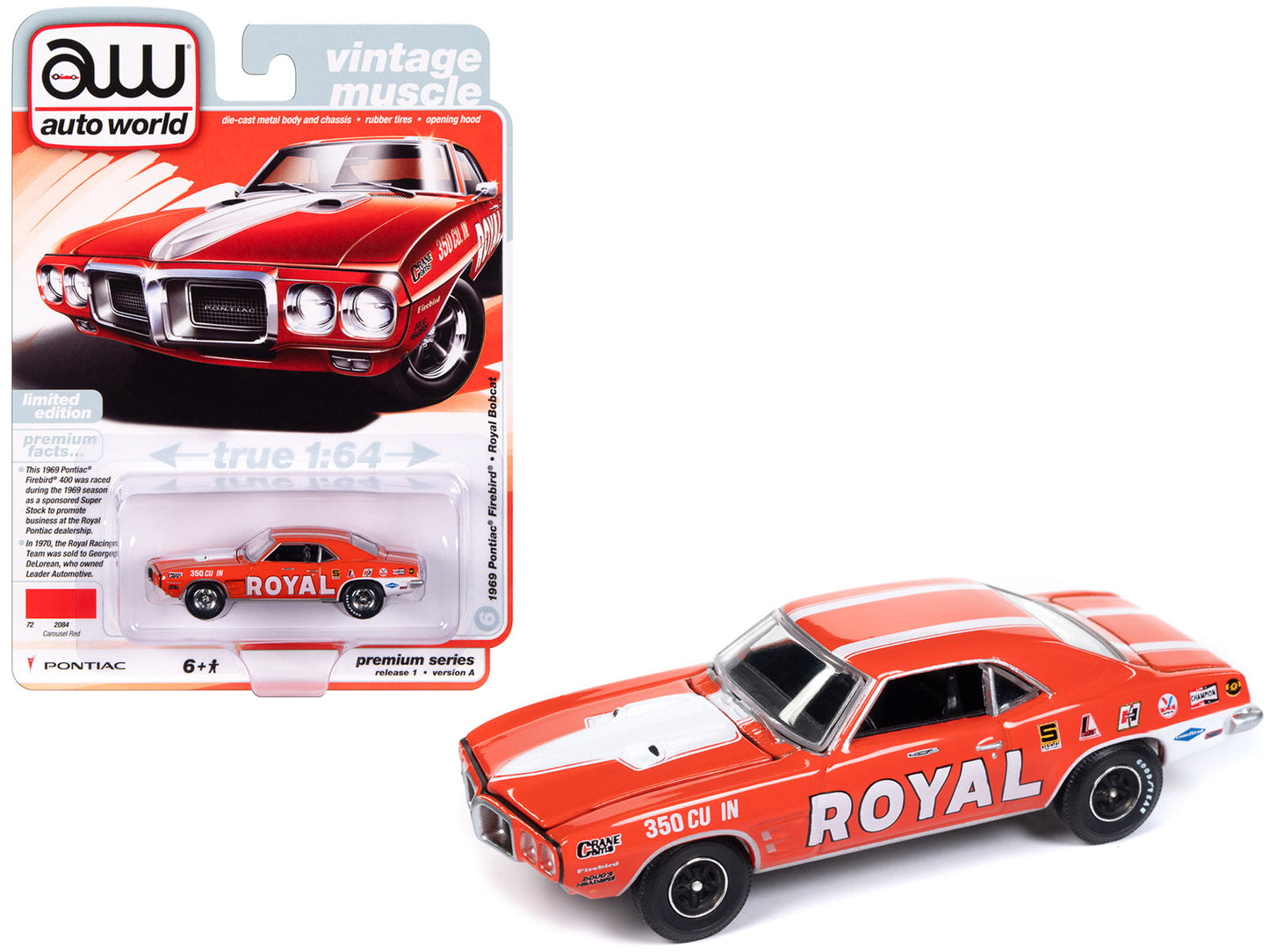 1969 Pontiac Firebird Royal Bobcat Carousel Red with White Stripes and Graphics "Vintage Muscle" Limited Edition 1/64 Diecast Model Car by Auto World  free shipping USA