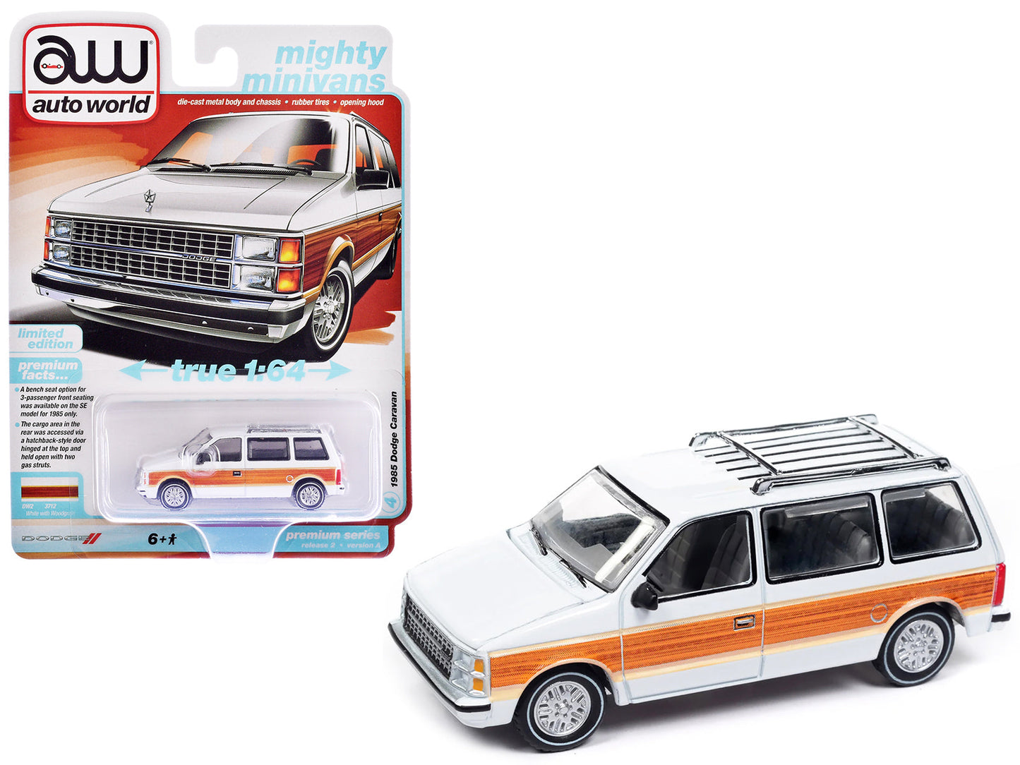 1985 Dodge Caravan Van White with Woodgrain Side Panels "Mighty Minivans" Series 1/64 Diecast Model Car by Auto World  free shipping USA