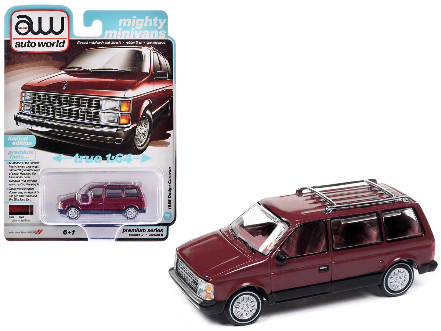 1985 Dodge Caravan Van Crimson Red and Black "Mighty Minivans" Series 1/64 Diecast Model Car by Auto World  free shipping USA