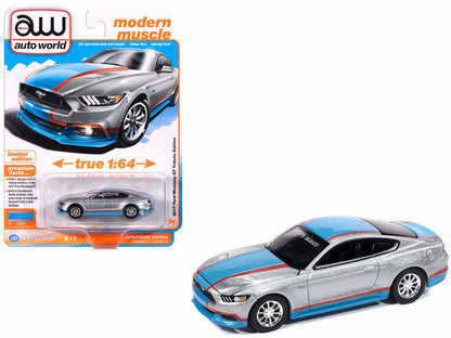 2017 Ford Mustang GT Tribute Edition "Petty's Garage" Ingot Silver Metallic with Petty Blue and Red Stripes "Modern Muscle" Series 1/64 Diecast Model Car by Auto World  free shipping USA