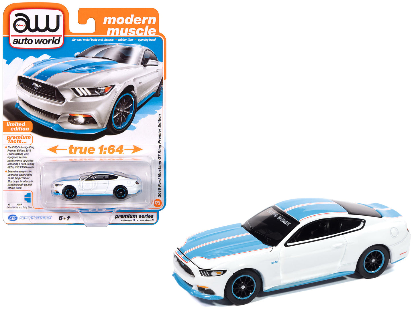 2016 Ford Mustang GT King Premier Edition "Petty's Garage" Oxford White with Petty Blue Stripes "Modern Muscle" Series 1/64 Diecast Model Car by Auto World  free shipping USA
