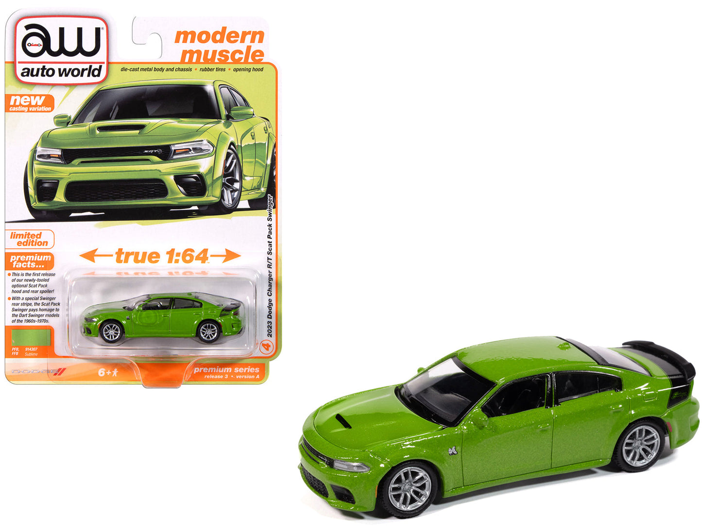2023 Dodge Charger R/T Scat Pack Swinger Sublime Green Metallic "Modern Muscle" Series 1/64 Diecast Model Car by Auto World  free shipping USA