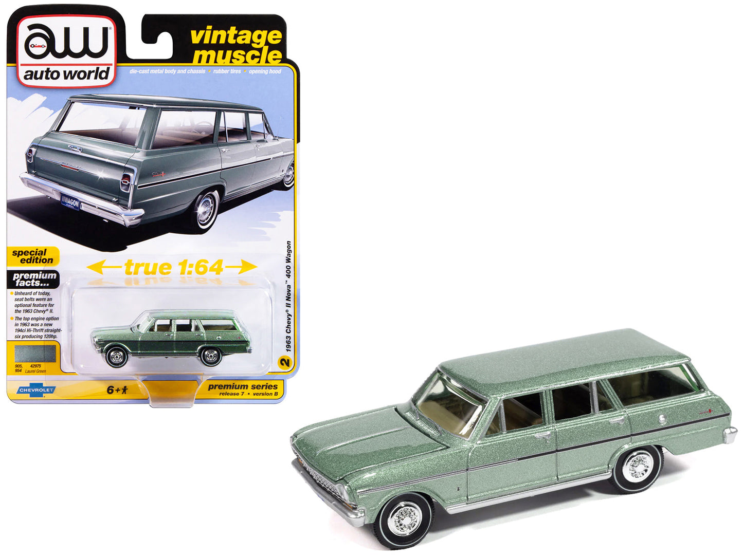 1963 Chevrolet II Nova 400 Wagon Laurel Green Metallic "Vintage Muscle" Series 1/64 Diecast Model Car by Auto World  free shipping USA