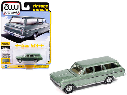 1963 Chevrolet II Nova 400 Wagon Laurel Green Metallic "Vintage Muscle" Series 1/64 Diecast Model Car by Auto World  free shipping USA