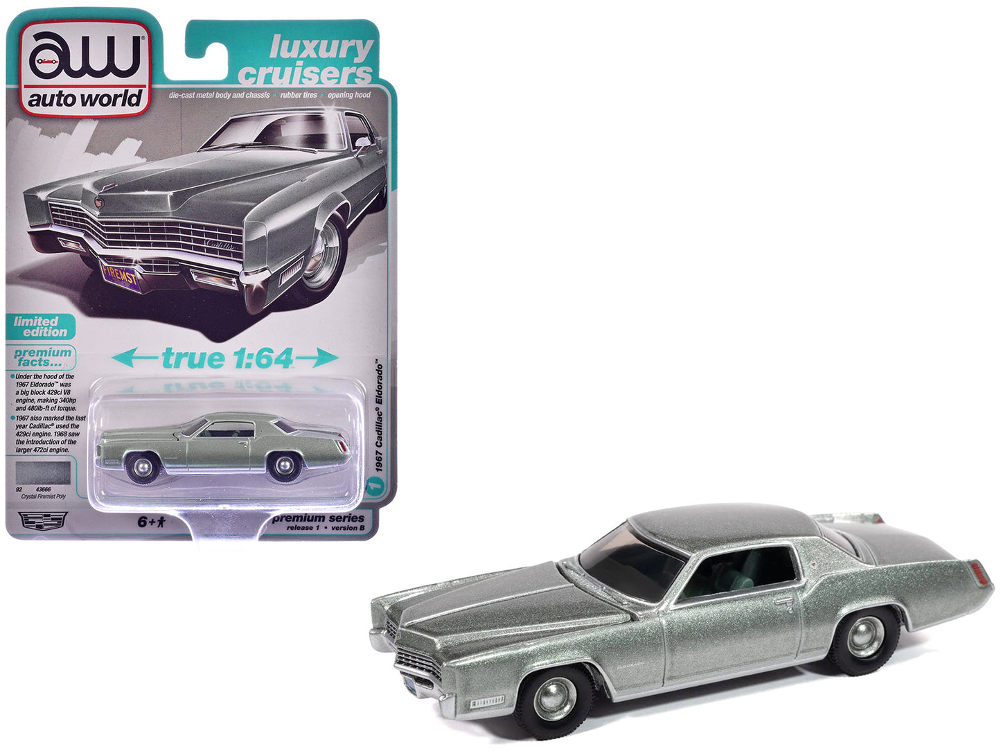 1967 Cadillac Eldorado Crystal Firemist Metallic with Green Interior "Luxury Cruisers" Series 1/64 Diecast Model Car by Auto World  free shipping USA