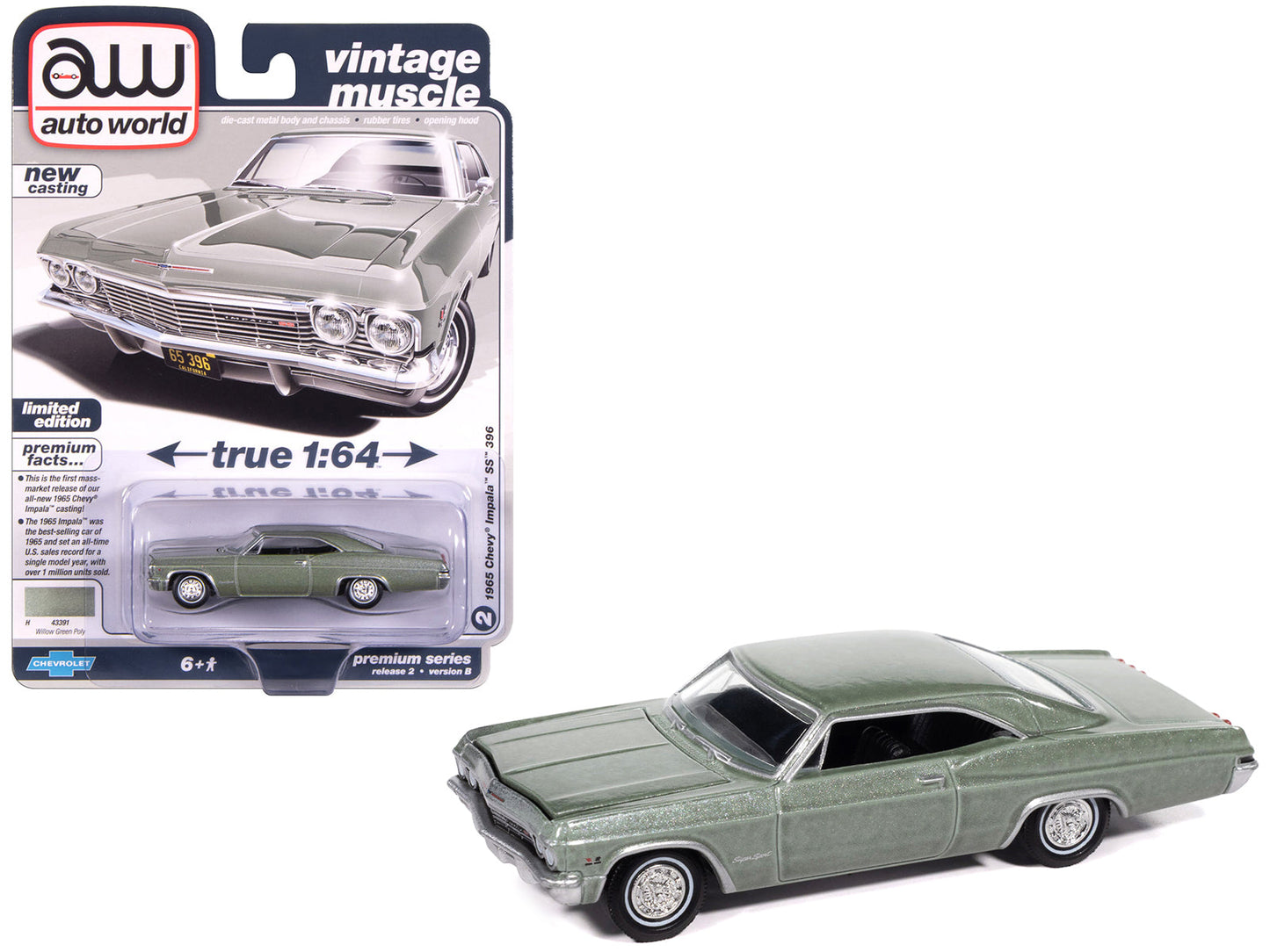 1965 Chevrolet Impala SS 396 Willow Green Metallic "Vintage Muscle" Series 1/64 Diecast Model Car by Auto World  free shipping USA