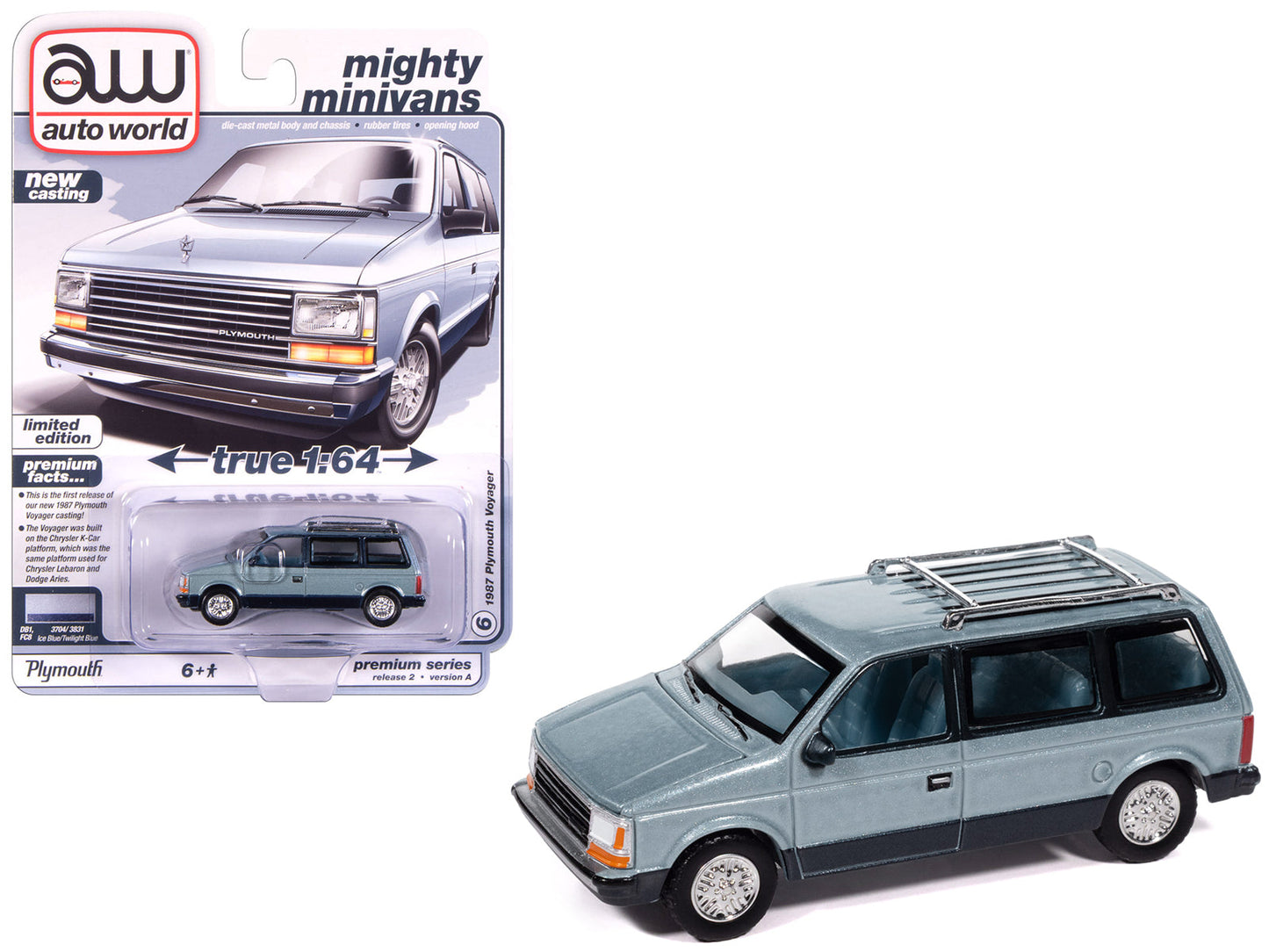 1987 Plymouth Voyager Van Ice Blue Metallic and Twilight Blue Metallic 2-Tone with Blue Interior "Mighty Minivans" Series 1/64 Diecast Model Car by Auto World  free shipping USA