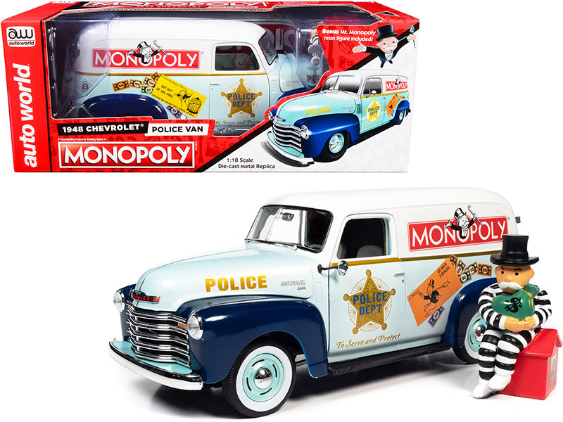1948 Chevrolet Panel Police Van with Mr. Monopoly Figurine "Monopoly" 1/18 Diecast Model Car by Auto World  free shipping USA