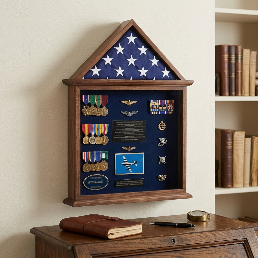 Flag Case, Flag and Badge display cases - Walnut Material, 3' x 5' flag