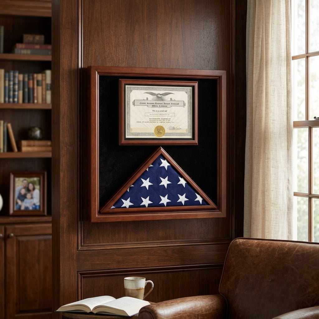Flag and Certificate Case, Cherry Flag Display Cases With Certificate