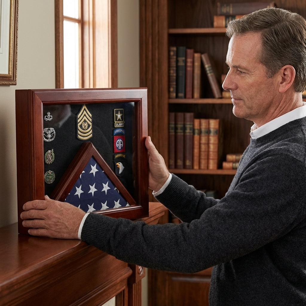 Military Flag medal display case, Mahogany wood for 3x5 flag with Dimensions 19H x 24W x3D