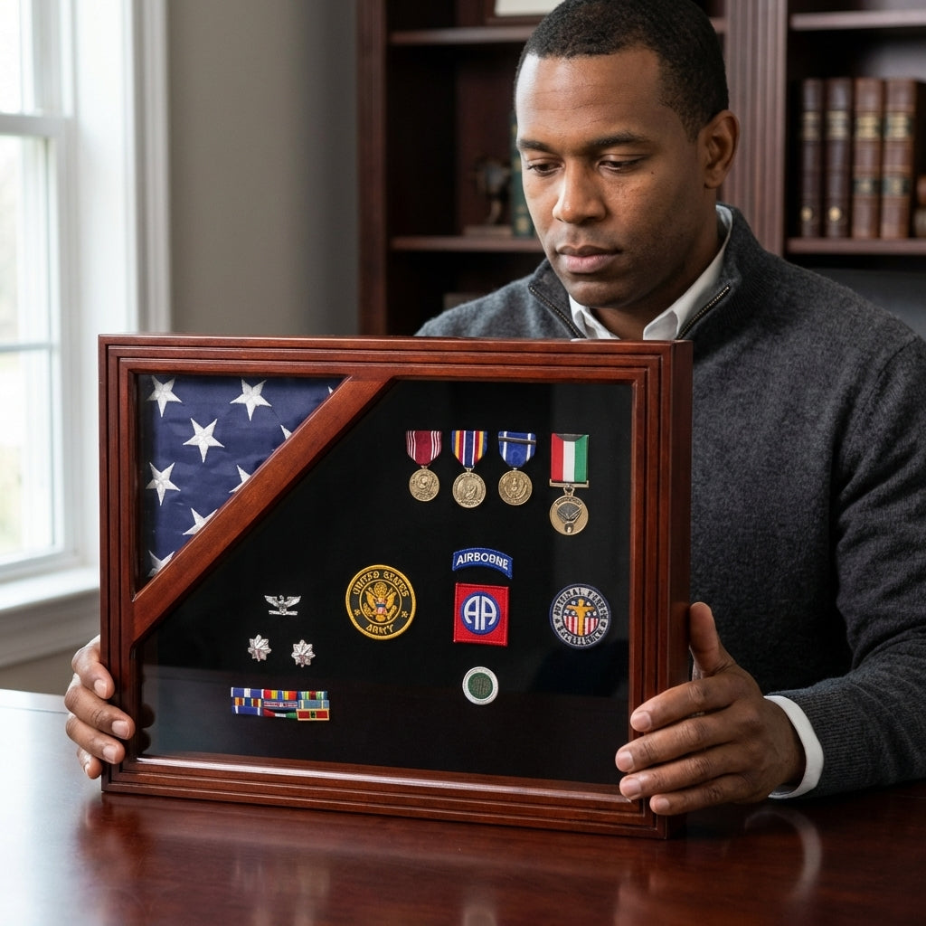 Military Award Shadow Box with Display Case for 3 x 5ft Flag - Felt in Black