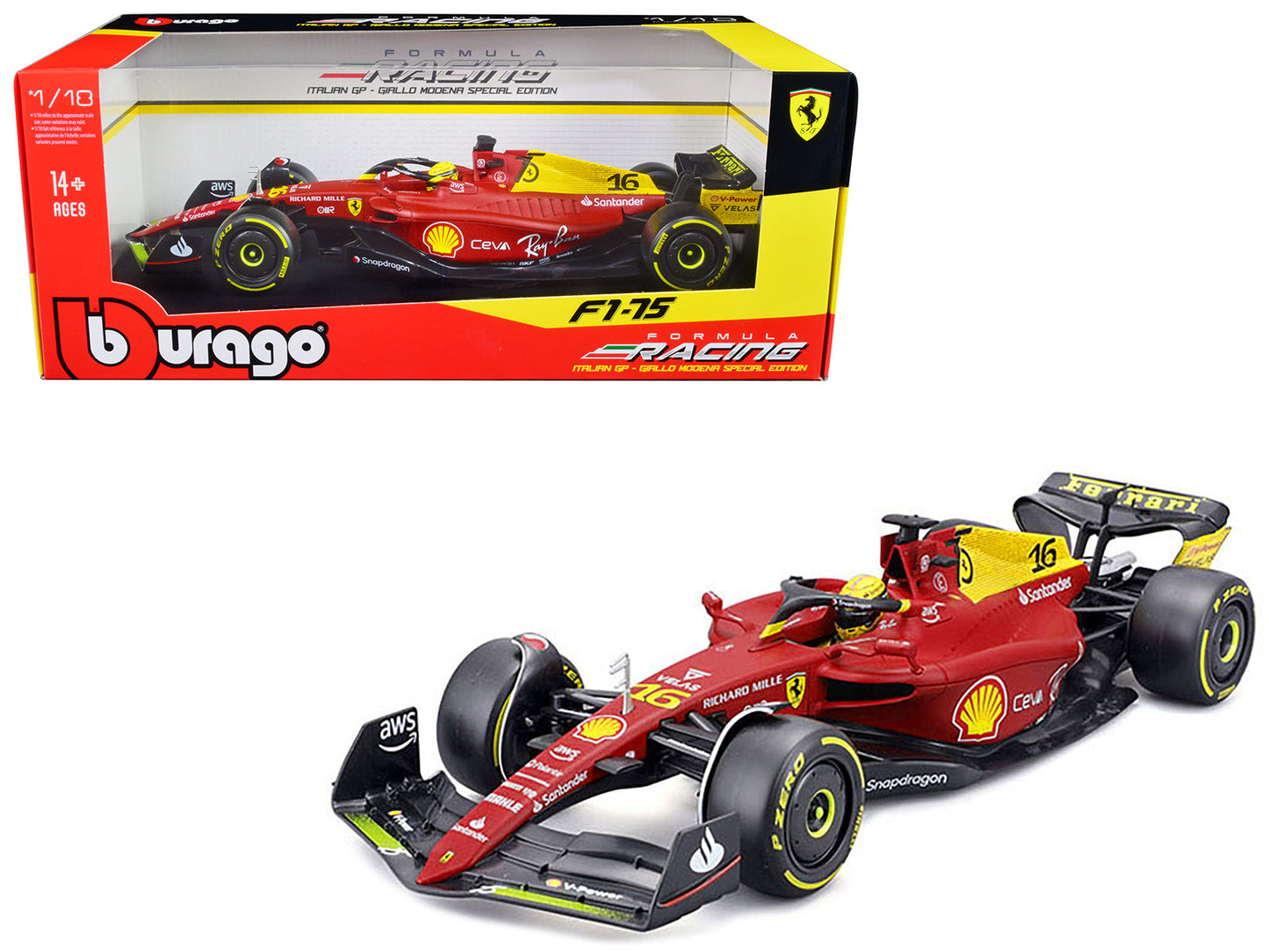 Ferrari F1-75 #16 Charles Leclerc "Giallo Modena" 2nd Place Formula One F1 Italian GP (2022) "Formula Racing" Series 1/18 Diecast Model Car by Bburago  free shipping USA