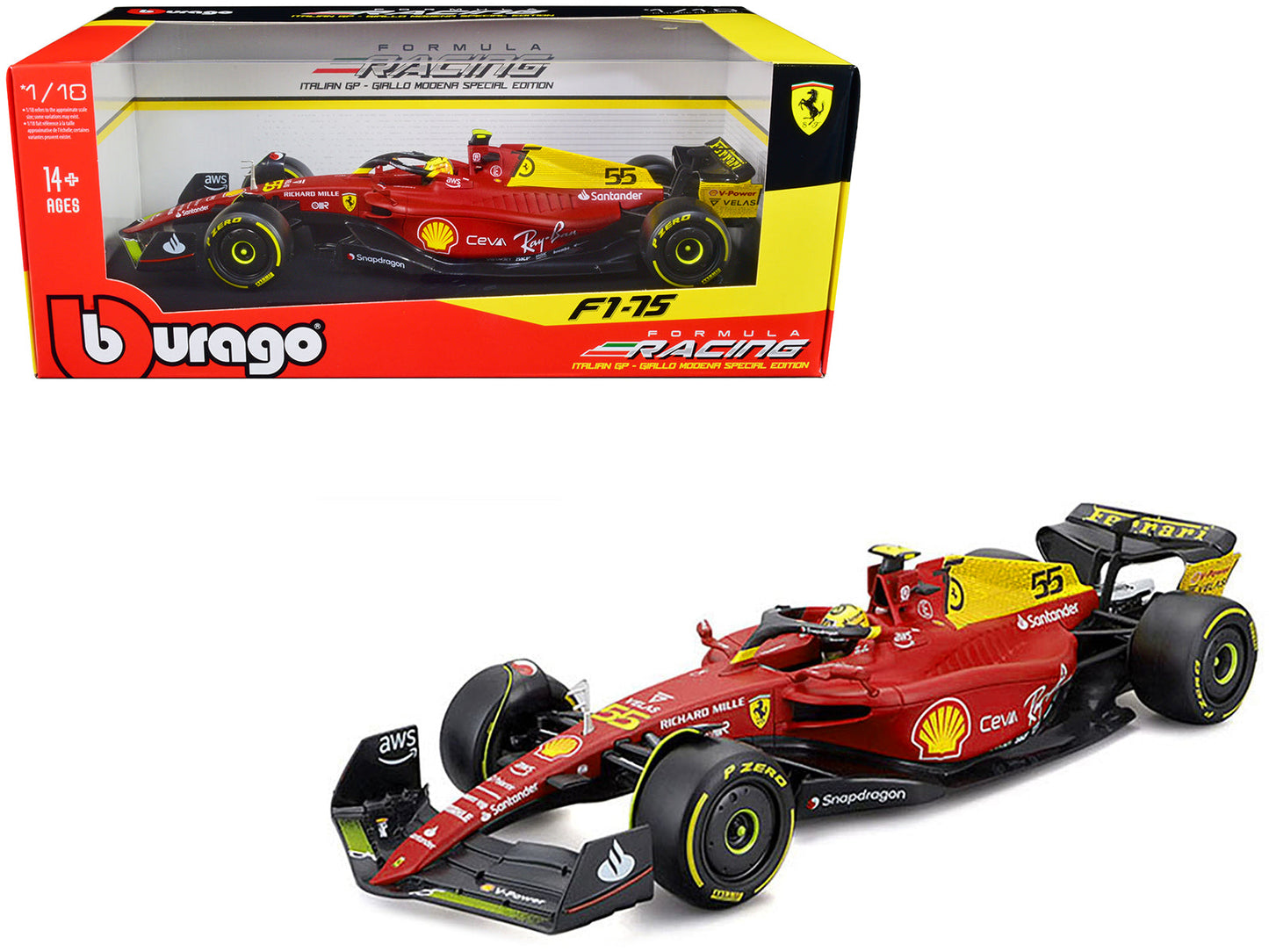 Ferrari F1-75 #55 Carlos Sainz "Giallo Modena" Formula One F1 Italian GP (2022) "Formula Racing" Series 1/18 Diecast Model Car by Bburago  free shipping USA