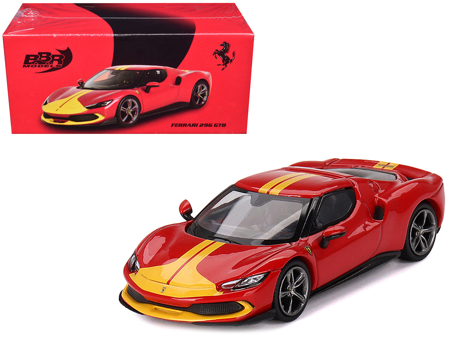 Ferrari 296 GTB Assetto Fiorano Rosso Corsa Red with Yellow Stripes 1/64 Diecast Model Car by BBR  free shipping USA