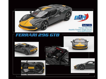 Ferrari 296 GTB Assetto Fiorano Grigio Scuro (Dark Gray) with Yellow Stripes 1/64 Diecast Model Car by BBR