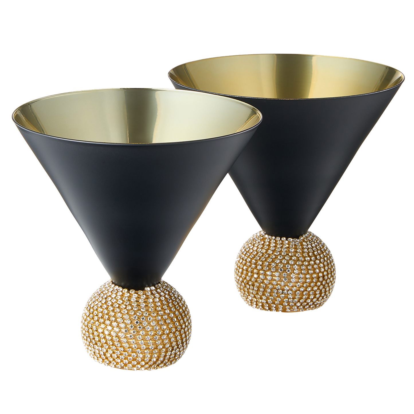 The Wine Savant Diamond Studded Martini Glasses Set of 2 Black & Gold Rimmed Modern Cocktail Glass, Rhinestone With Stemless Crystal Ball Base, Bar or Party 10.5oz, Swarovski Style Crystals by The Wine Savant