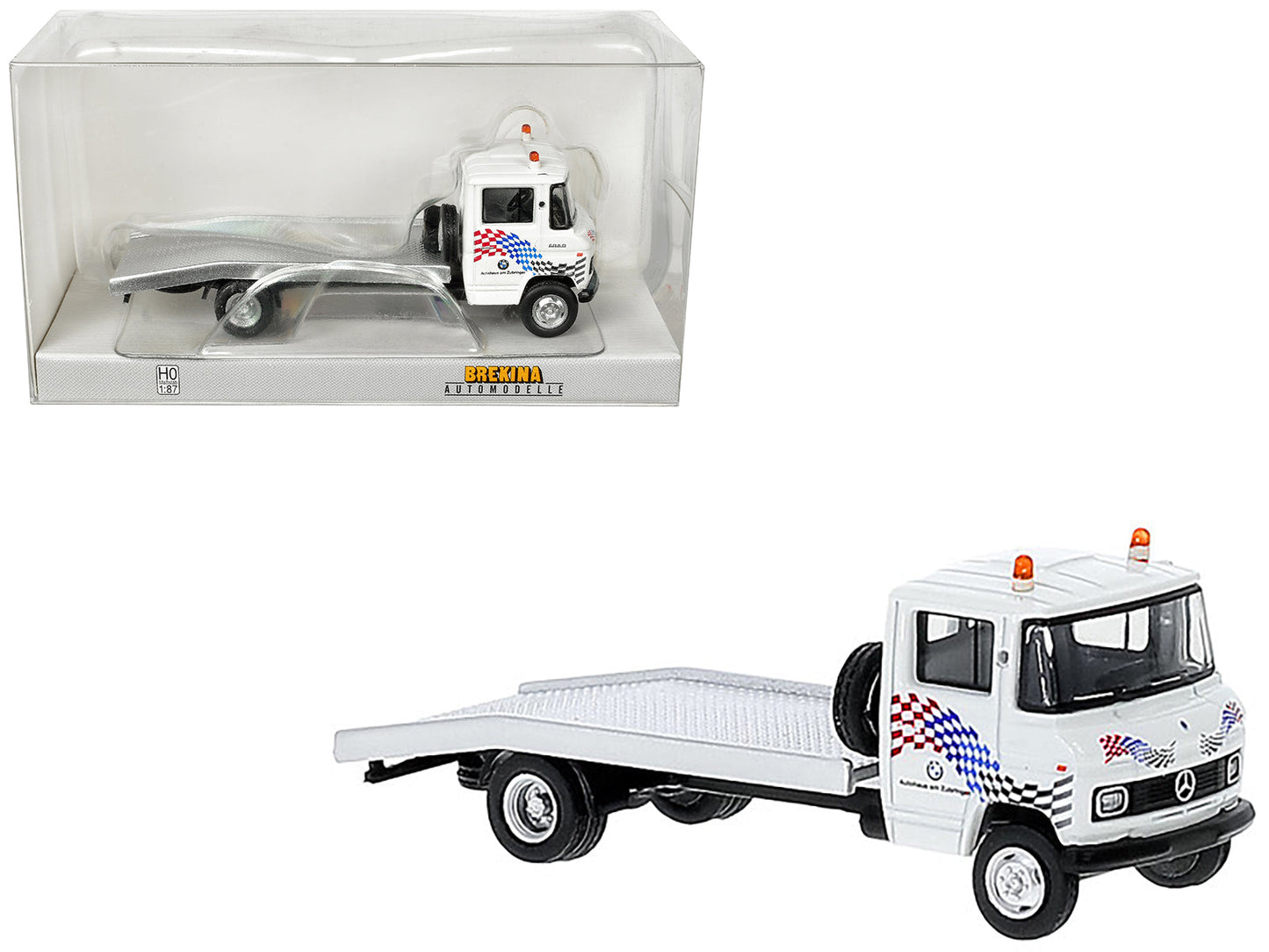 1968 Mercedes-Benz L 608 D Flatbed Truck White with Graphics "BMW Autohaus" 1/87 (HO) Scale Model Car by Brekina  free shipping USA
