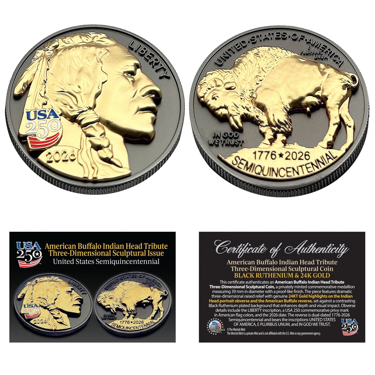3D American Buffalo Indian Head Tribute Coin With USA 250 Privy Mark (Black Ruthenium & 24k Gold)