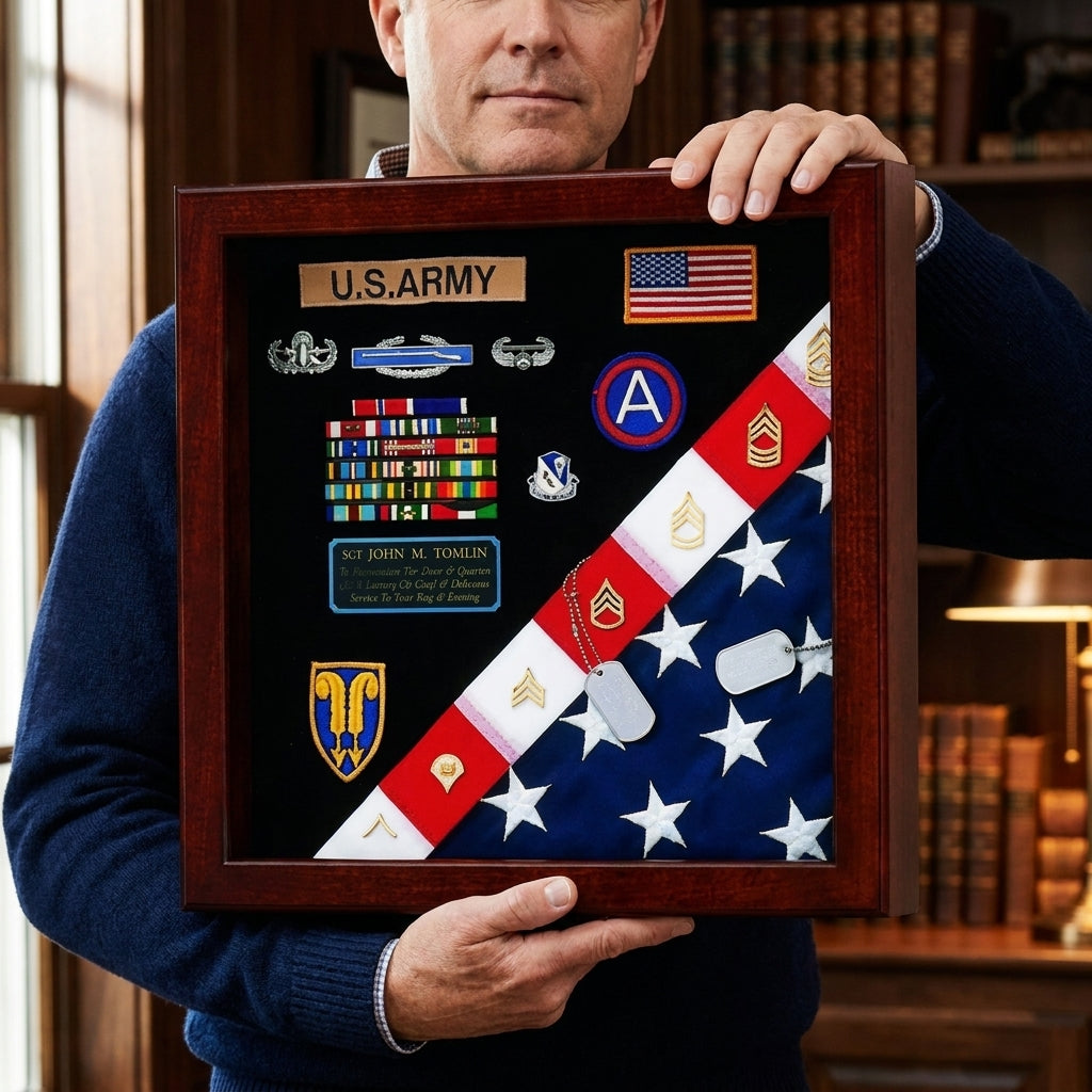 American Made Burial Flag Medals Display case - Cherry