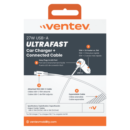 Ventev 12W USB A Car Charger w / attached 15W USB C Cord N/A by Ventev