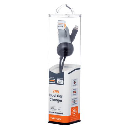 Ventev 12W USB A Car Charger with attached 15W Apple Lightning Cord by Ventev