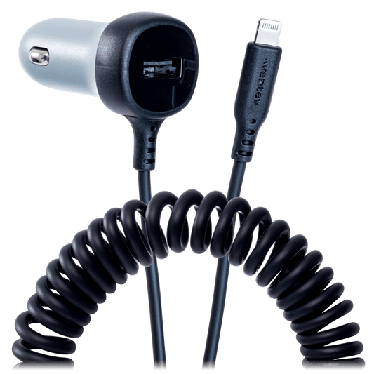 Ventev 12W USB A Car Charger with attached 15W Apple Lightning Cord Gray by Ventev